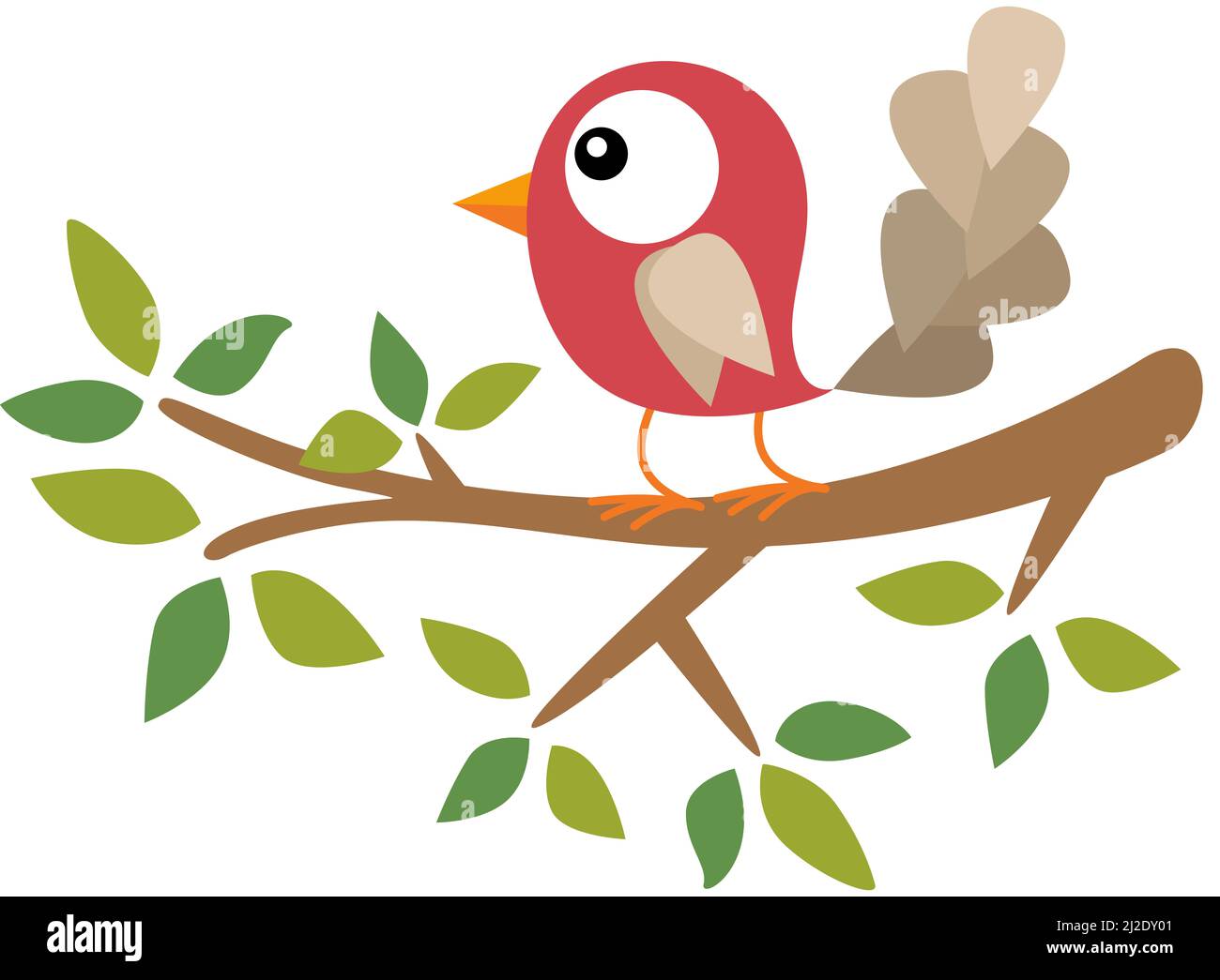 Funny little bird on branch of tree with green leaves Stock Photo - Alamy