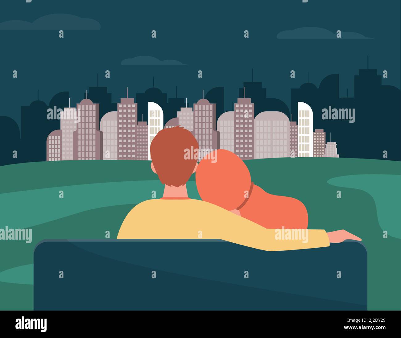 Back view of couple looking at night cityscape. Bench, girlfriend, boyfriend flat vector illustration. Relationship and love concept for banner, websi Stock Vector