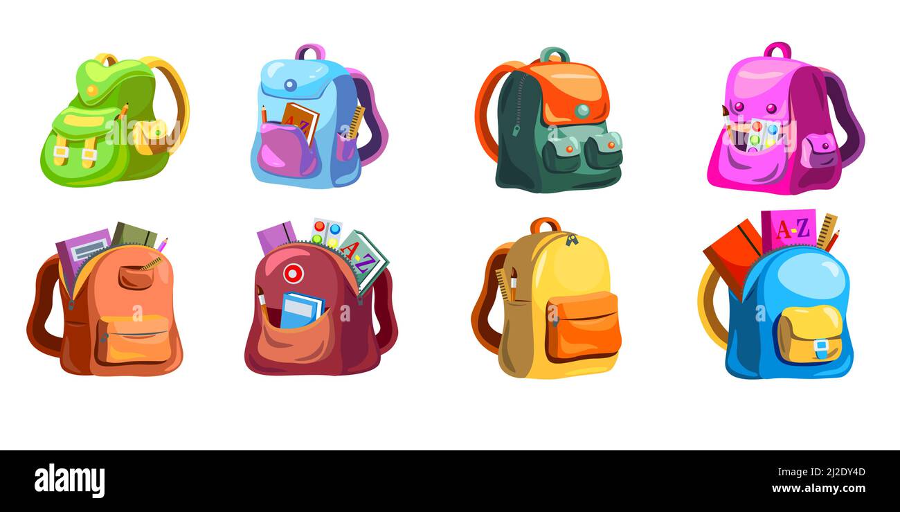 Cartoon primary schoolbags set. Childish school backpacks with supplies in open pockets, colorful bright bags and rucksacks. Vector illustration for e Stock Vector