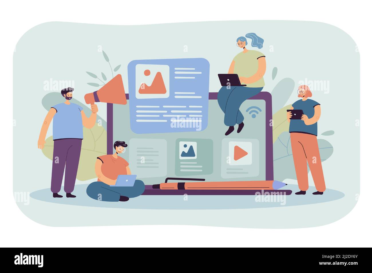 Bloggers and influencers writing articles and posting content. Blog authors using laptops, shouting at megaphone. For advertising on internet, SEO, ma Stock Vector