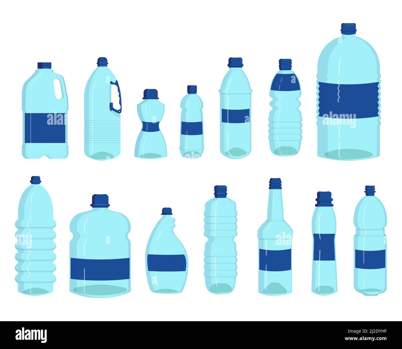 Bottles of water set. Plastic containers for liquid, transparent drink flasks, liter isolated on white. Vector illustrations for pure water consumptio Stock Vector