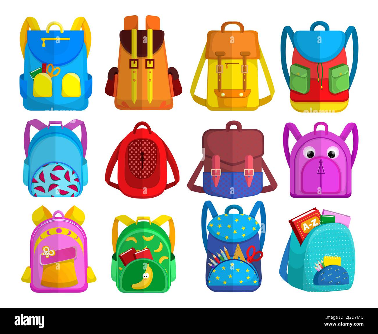 Bright childish backpacks collection. Colorful schoolbags for primary school kids with books and supplies in open pockets, bags and rucksacks. Flat ve Stock Vector