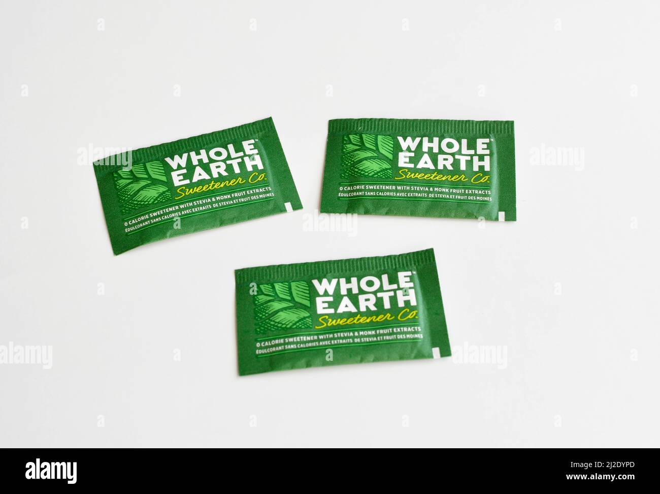 Packages of sweetener made from Monk fruit.  Packets of Monk fruit sweeteners. Stock Photo