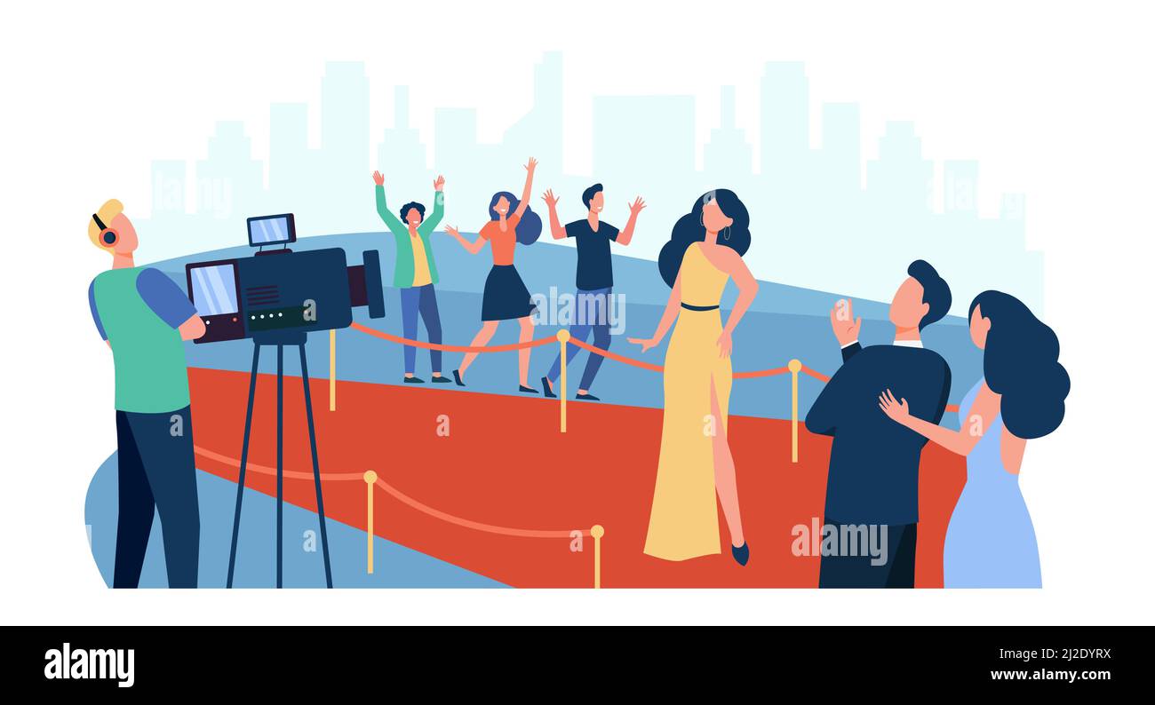 Celebrities posing to paparazzi and walking along red carpet isolated flat vector illustration. Cartoon people greeting famous movie star. Fashion sho Stock Vector