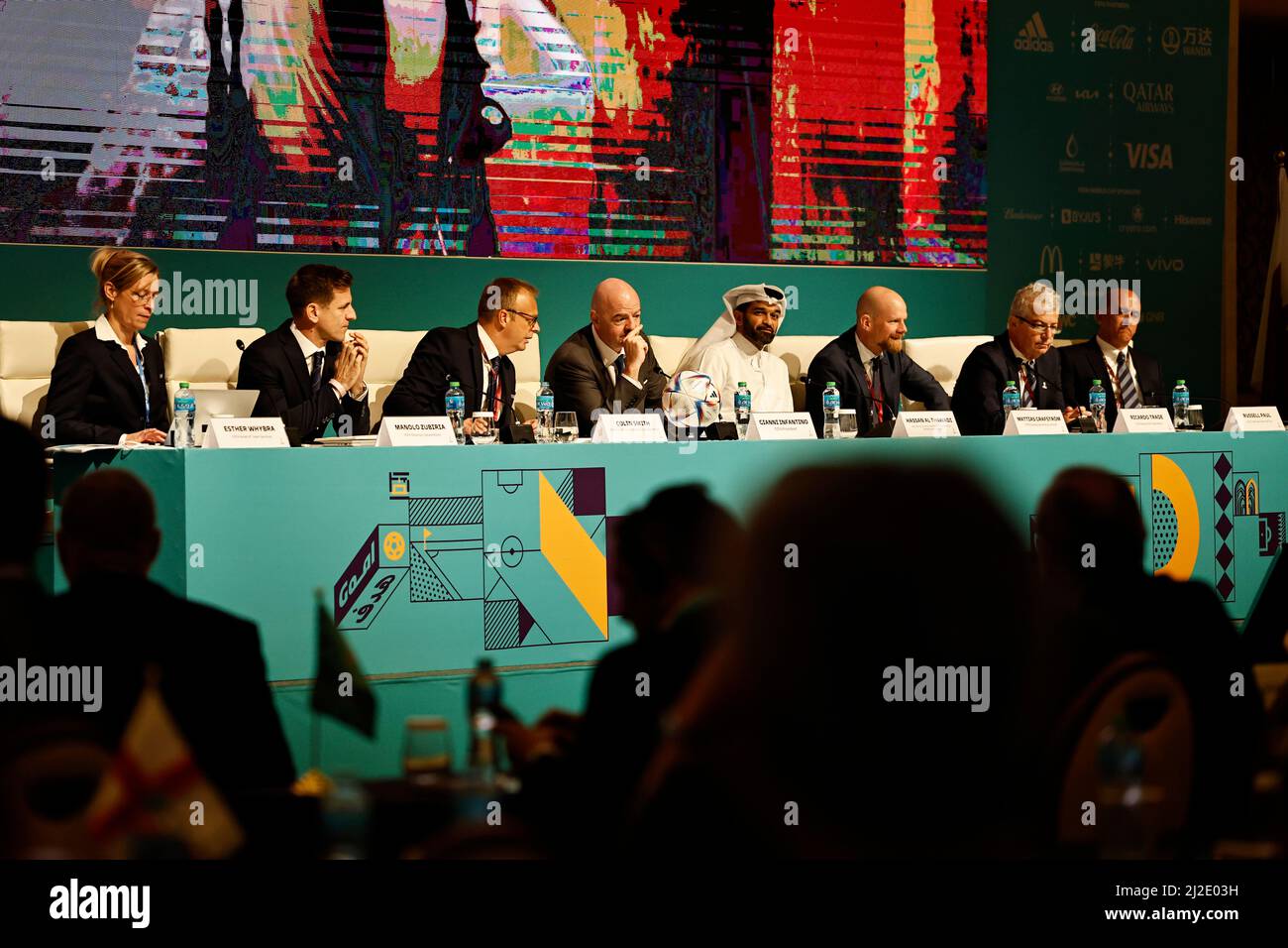 Soccer Football - World Cup - FIFA Teams Seminar - Kimpinsky Hotel, Doha, Qatar - April 1, 2022 FIFA president Gianni Infantino and Secretary General of the Supreme Committee for Delivery and Legacy, Hassan Al-Thawadi during the FIFA Teams Seminar REUTERS/Hamad I Mohammed Stock Photo
