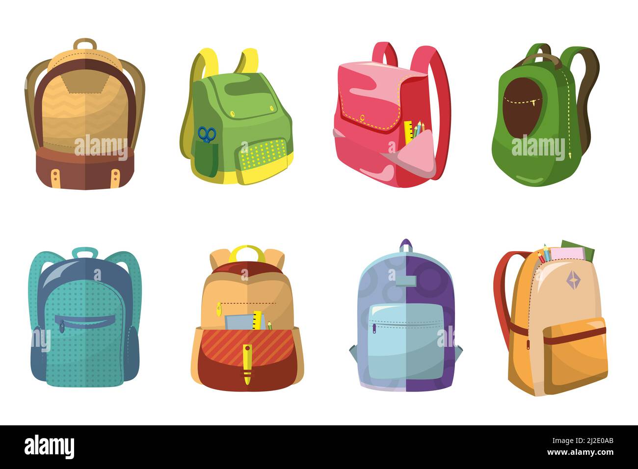 Colorful school bags set. Kids backpacks with school supplies in open pockets, schoolbags children. Vector illustration for back to school, education, Stock Vector