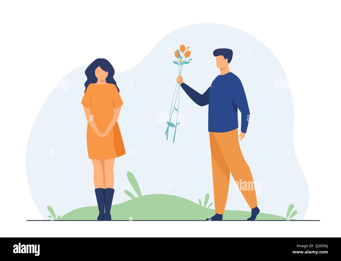 Couple dating outdoors. Guy giving flowers to girlfriend. Flat vector illustration. Love, romance, relationship, flirt concept for banner, website des Stock Vector