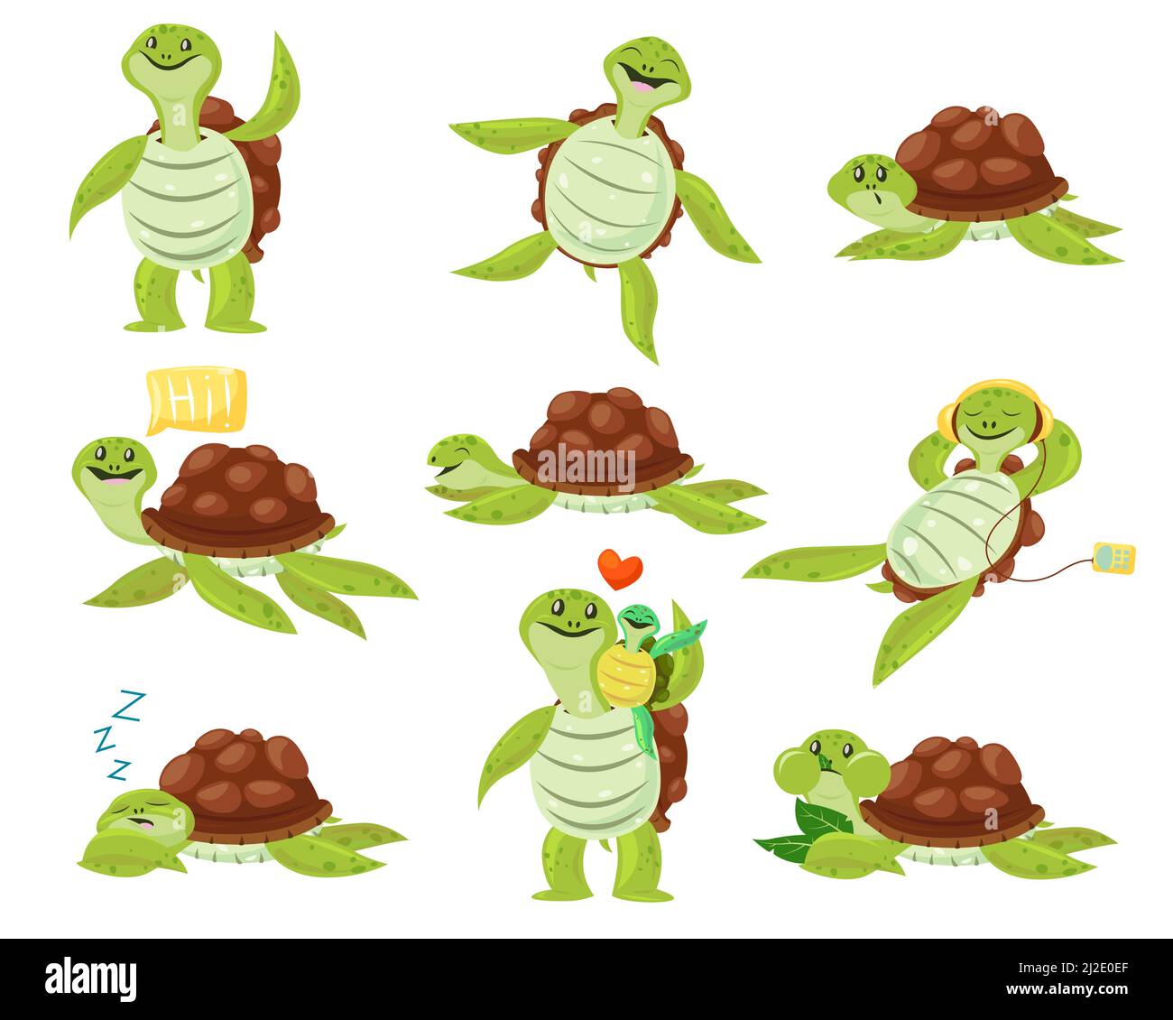Collection of cute happy turtle set. Funny cartoon character dancing, sleeping, eating, enjoying leisure. Flat vector illustration for animals or wild Stock Vector