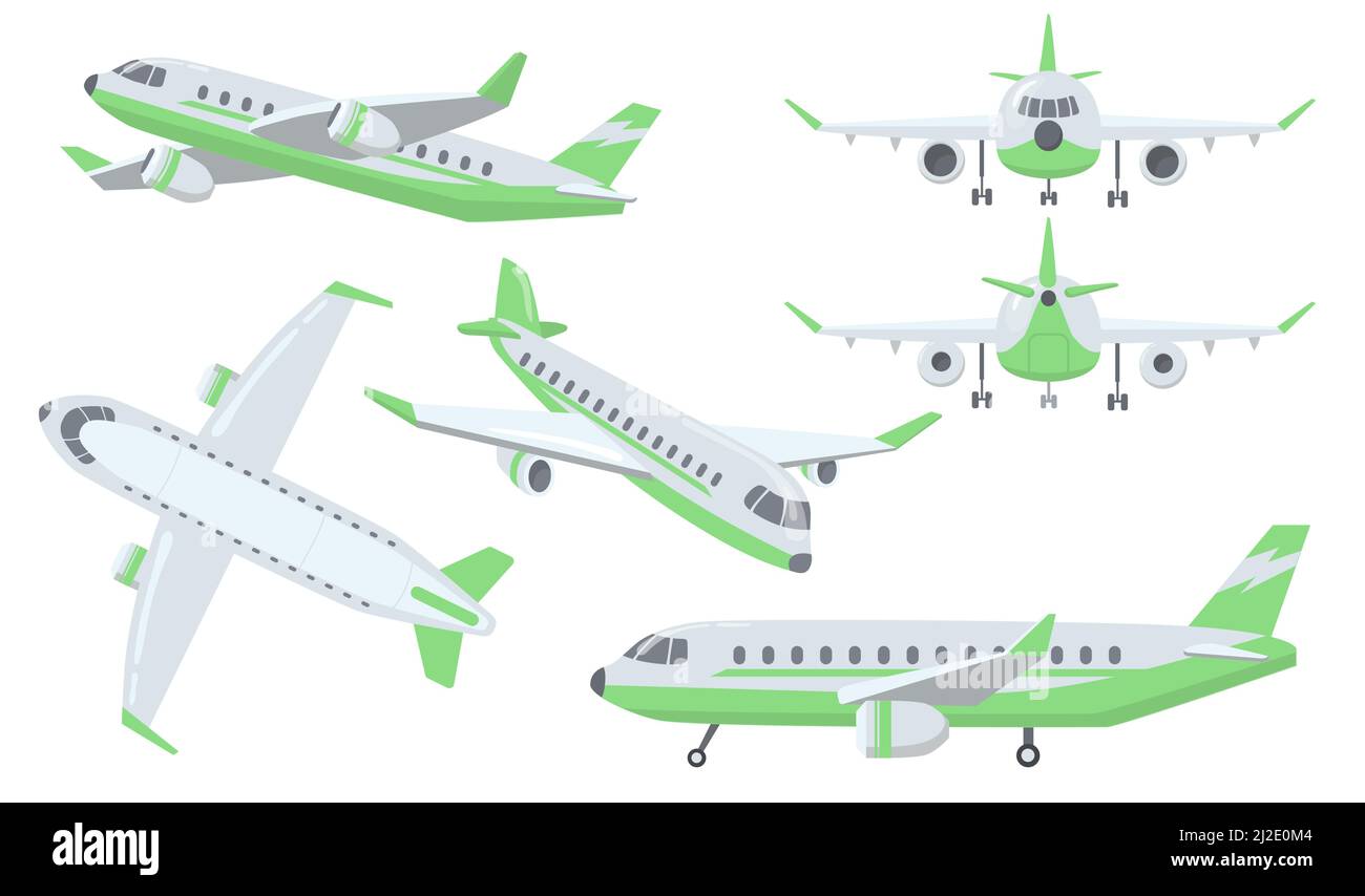Different views of airplane set. Plane is flying in air, taking off or landing with gears, front, side and back view of jet. Vector illustrations for Stock Vector