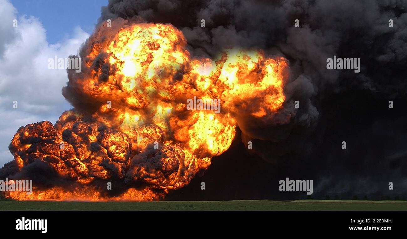 air strike on refinery, industrial fire, Ukraine war Stock Photo