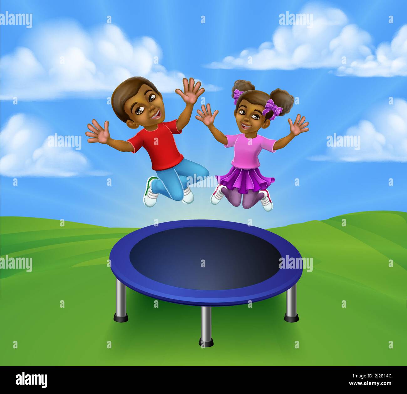 Kids Jumping On A Round Cartoon Trampoline Stock Vector