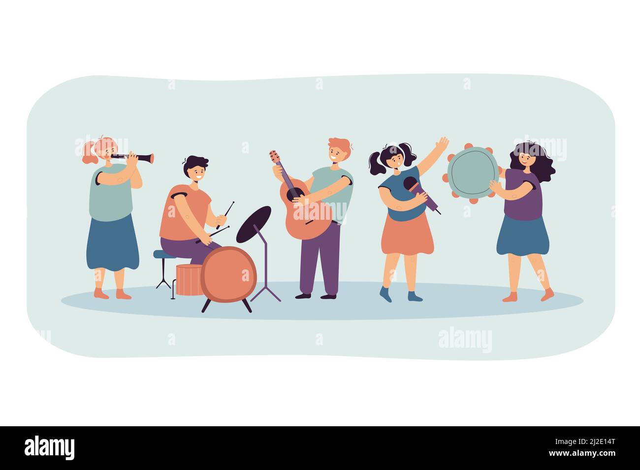 Cute children playing music and singing together flat vector illustration. Happy cartoon child band performing on school festival. Musician party and Stock Vector