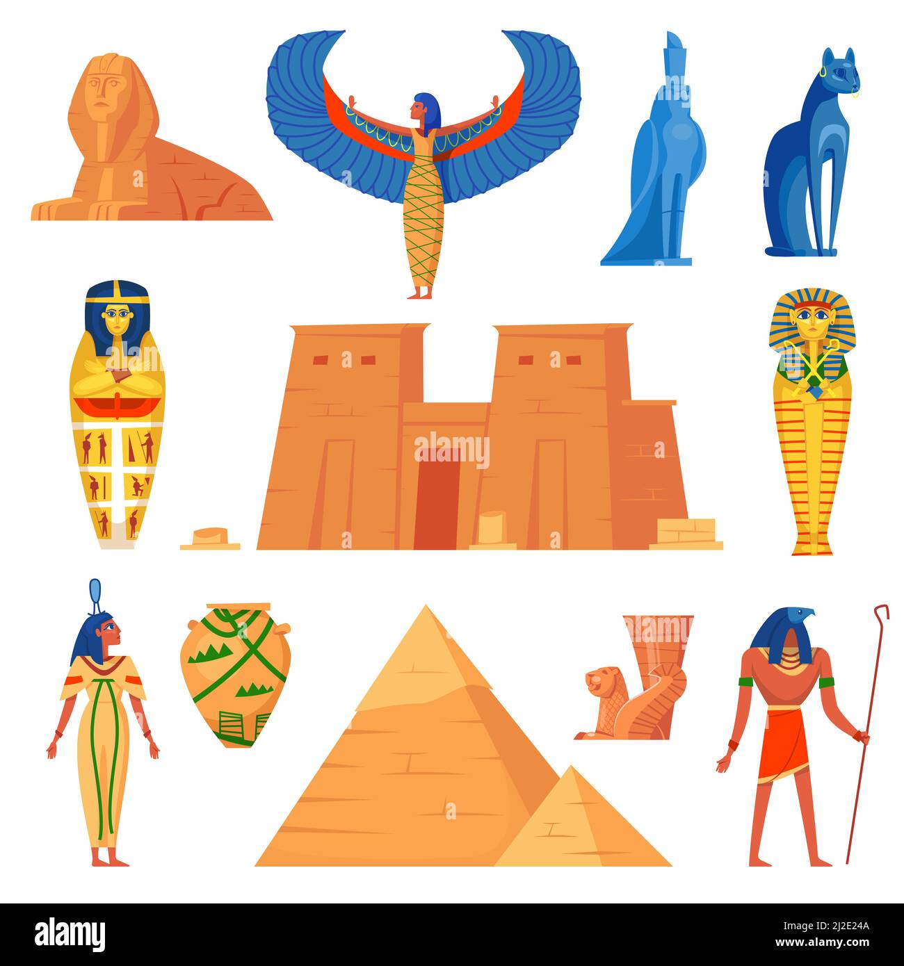 Egyptian history characters set. Ancient Egypt symbols, cat, Iris