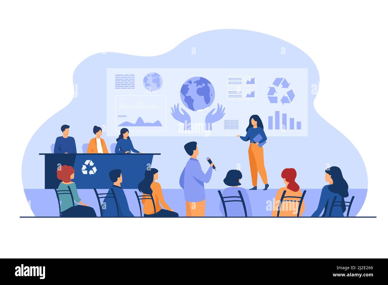 Ecological press conference member speaking on stage before audience, presenting graphs with earth. Vector illustration for global meeting, scientific Stock Vector