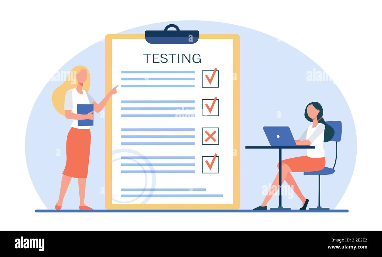 Female student passing exam and checking answers. Teacher, test, laptop flat vector illustration. Education and examination concept for banner, websit Stock Vector