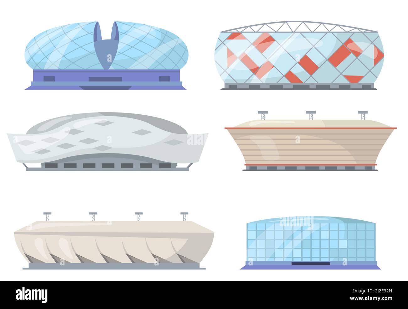 Front view of sport stadiums flat set for web design. Cartoon city athletics arena exterior in pastel colors isolated vector illustration collection. Stock Vector