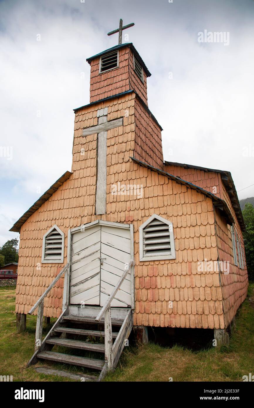 29-01-2020, Chile - the wooden church of Puyuhuapi, a village along the Carretera Austral in Patagonia Stock Photo