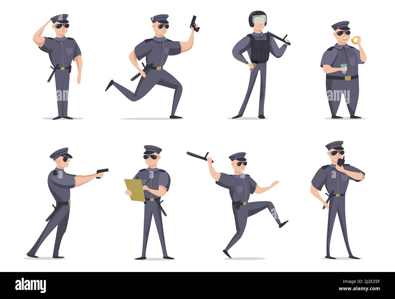 Funny American policeman in different poses flat item set. Cartoon character in cop outfit with gun isolated vector illustration collection. Police an Stock Vector