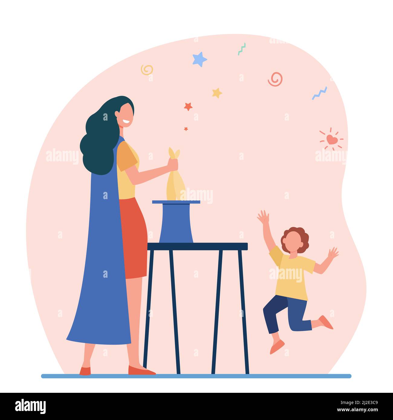 Female magician performing before kid. Woman getting rabbit out of top ...