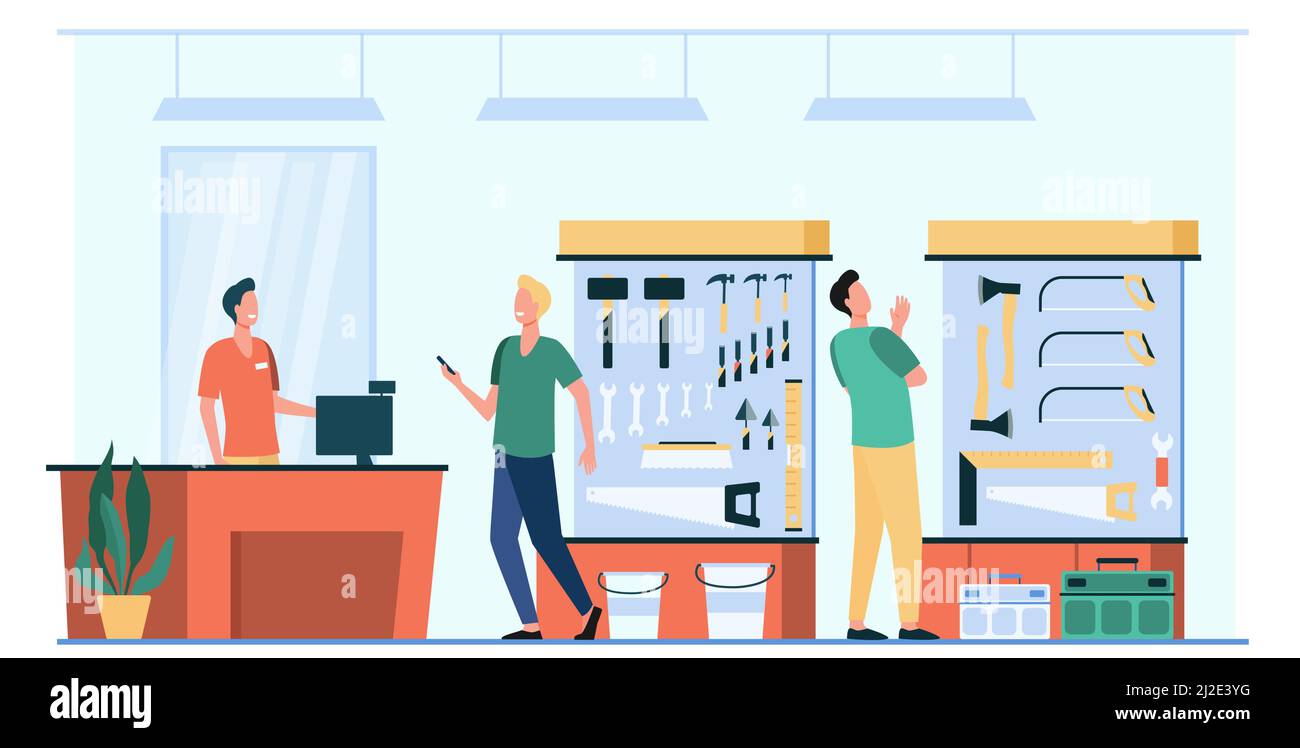 Happy men choosing and buying hardware isolated flat vector