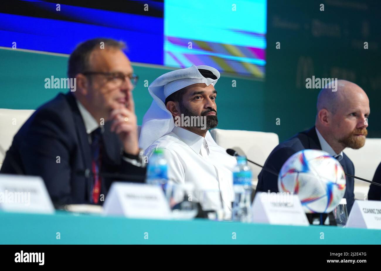 Hassan Al Thawadi (centre) during a team seminar in Doha, Qatar. Picture date: Friday April 1, 2022. Stock Photo