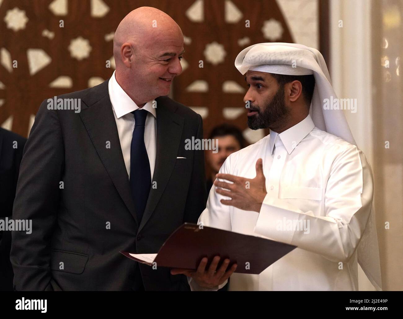 FIFA president Gianni Infantino (left) and Hassan Al Thawadi at a team seminar in Doha, Qatar. Picture date: Friday April 1, 2022. Stock Photo