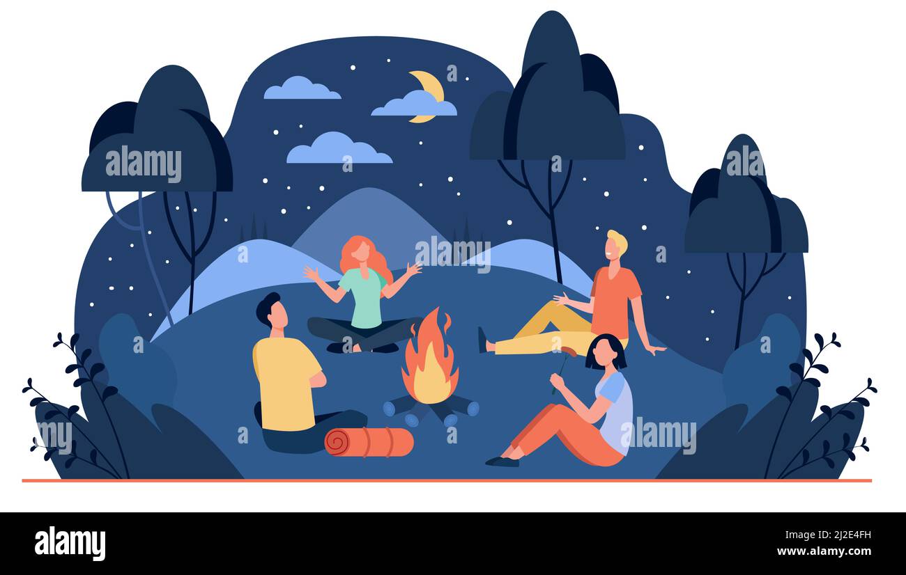 Happy friends sitting near campfire at summer night flat vector illustration. Cartoon people telling scary story near fire. Summertime camping and nat Stock Vector