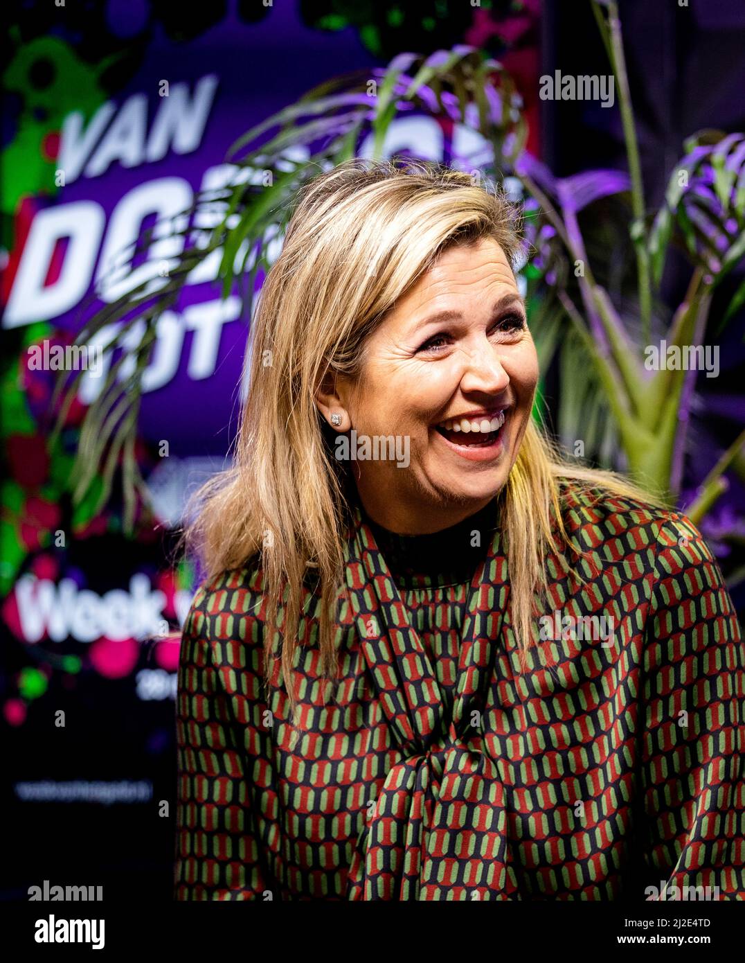 Queen Maxima of The Netherlands at radio station NPO FunX in Rotterdam, on  April 01, 2022, during the morning show 'Start with Fernando' she speaks  about the importance of financial health and