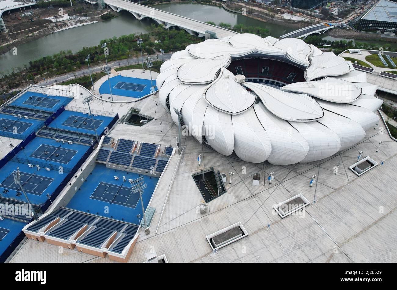 HANGZHOU, CHINA APRIL 1, 2022 An aerial view of the tennis court at