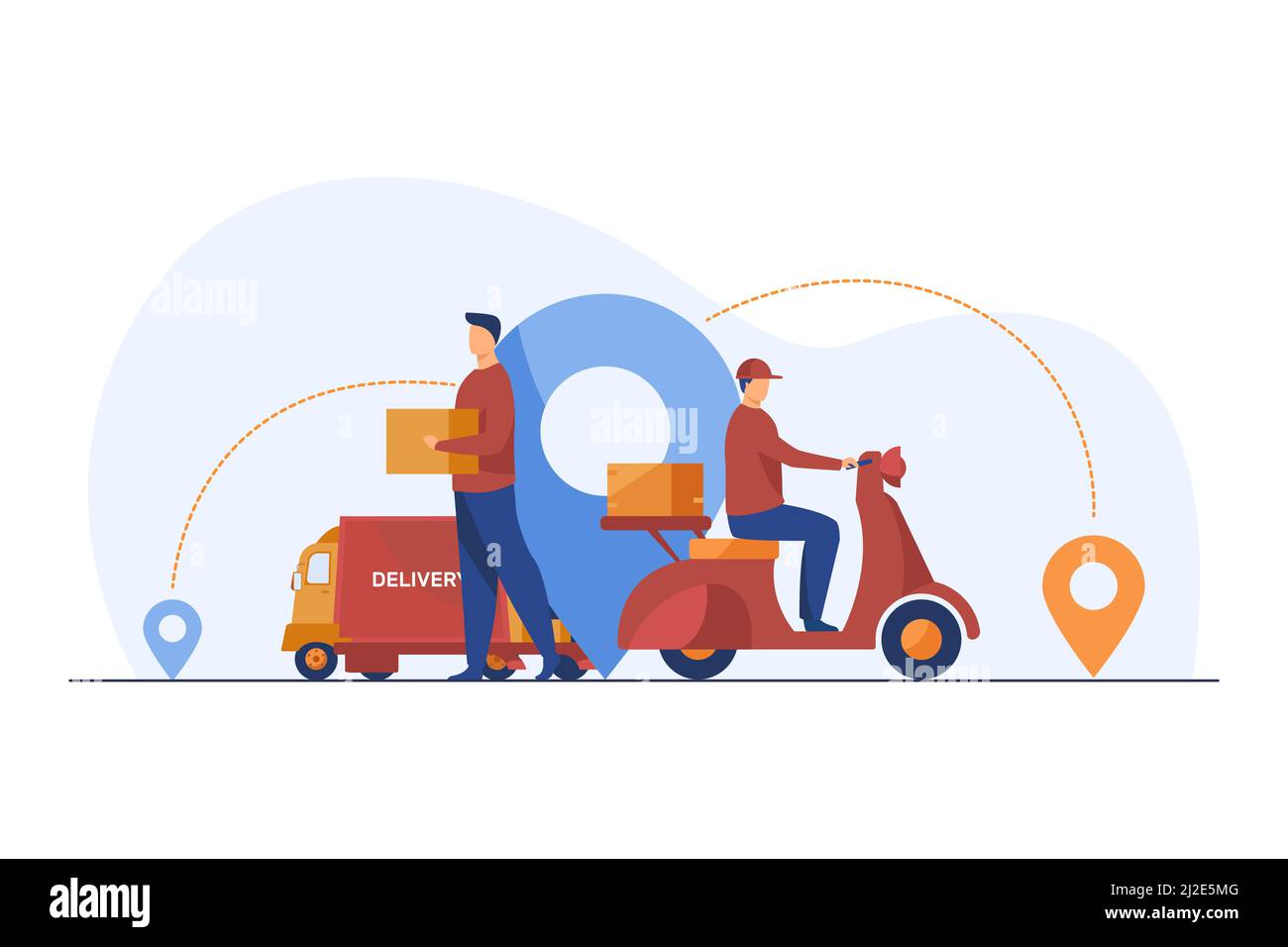 Male couriers delivering parcels. Scooter, truck, map pointers flat vector illustration. Shipping, logistics, service concept for banner, website desi Stock Vector