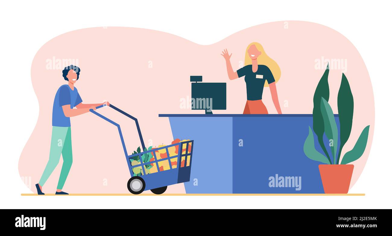 Male customer wheeling shopping cart to cash register. Cashier