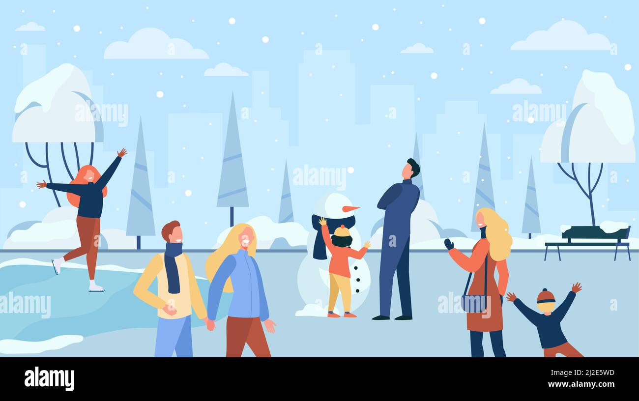 Happy people walking in cold winter park isolated flat vector ...