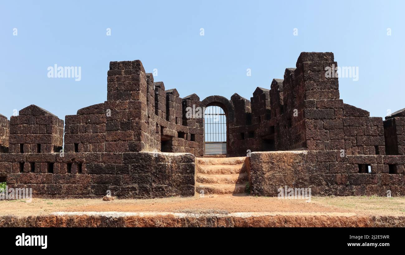 Protection Wall and Watch Tower on Top of the Fort, Mirjan Fort, Uttara Kannada, Karnataka, India Stock Photo