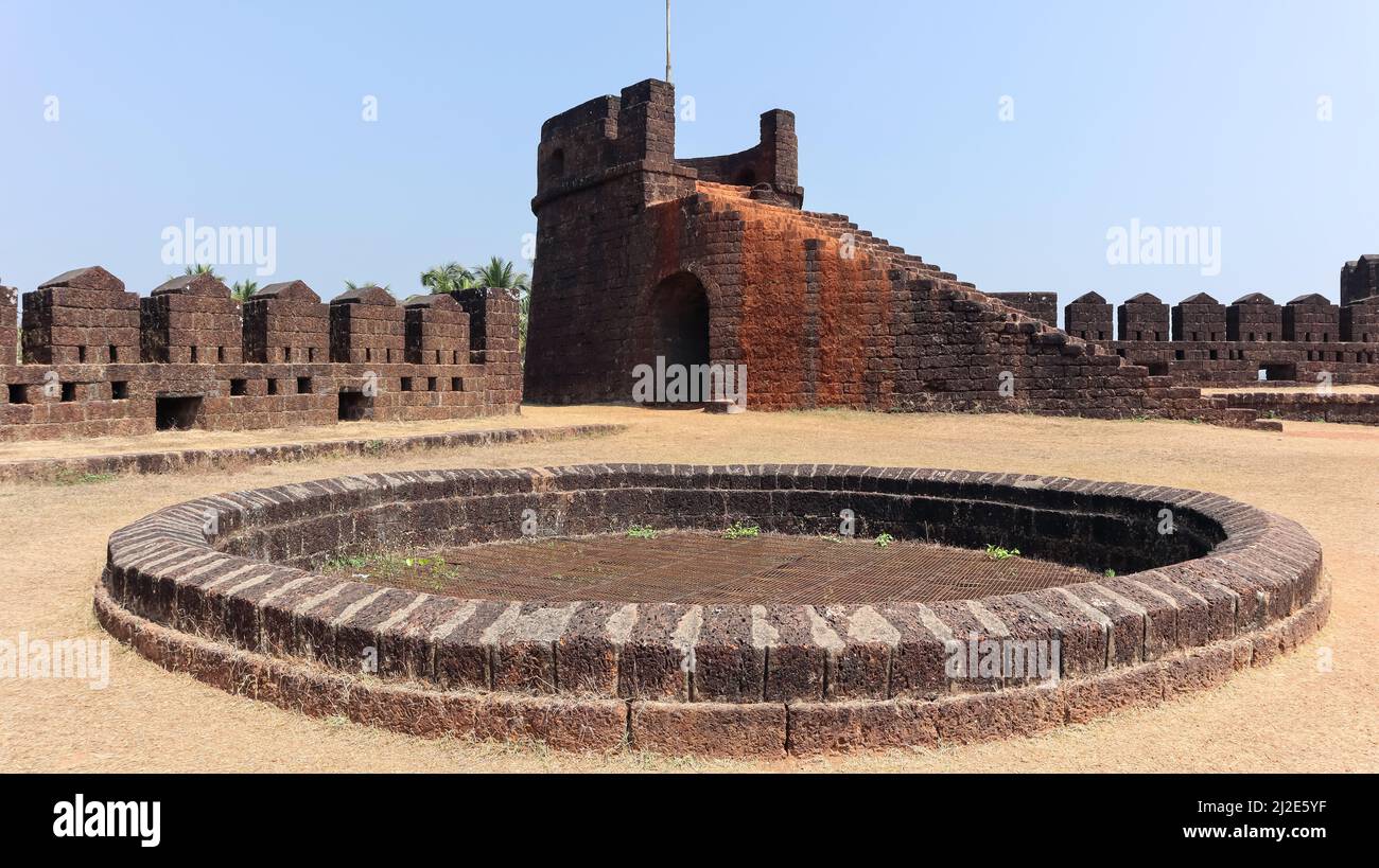 Protected Ancient Well and Place of Flag on top of Fort, Mirjan Fort, Uttara Kannada, Karnataka, India Stock Photo