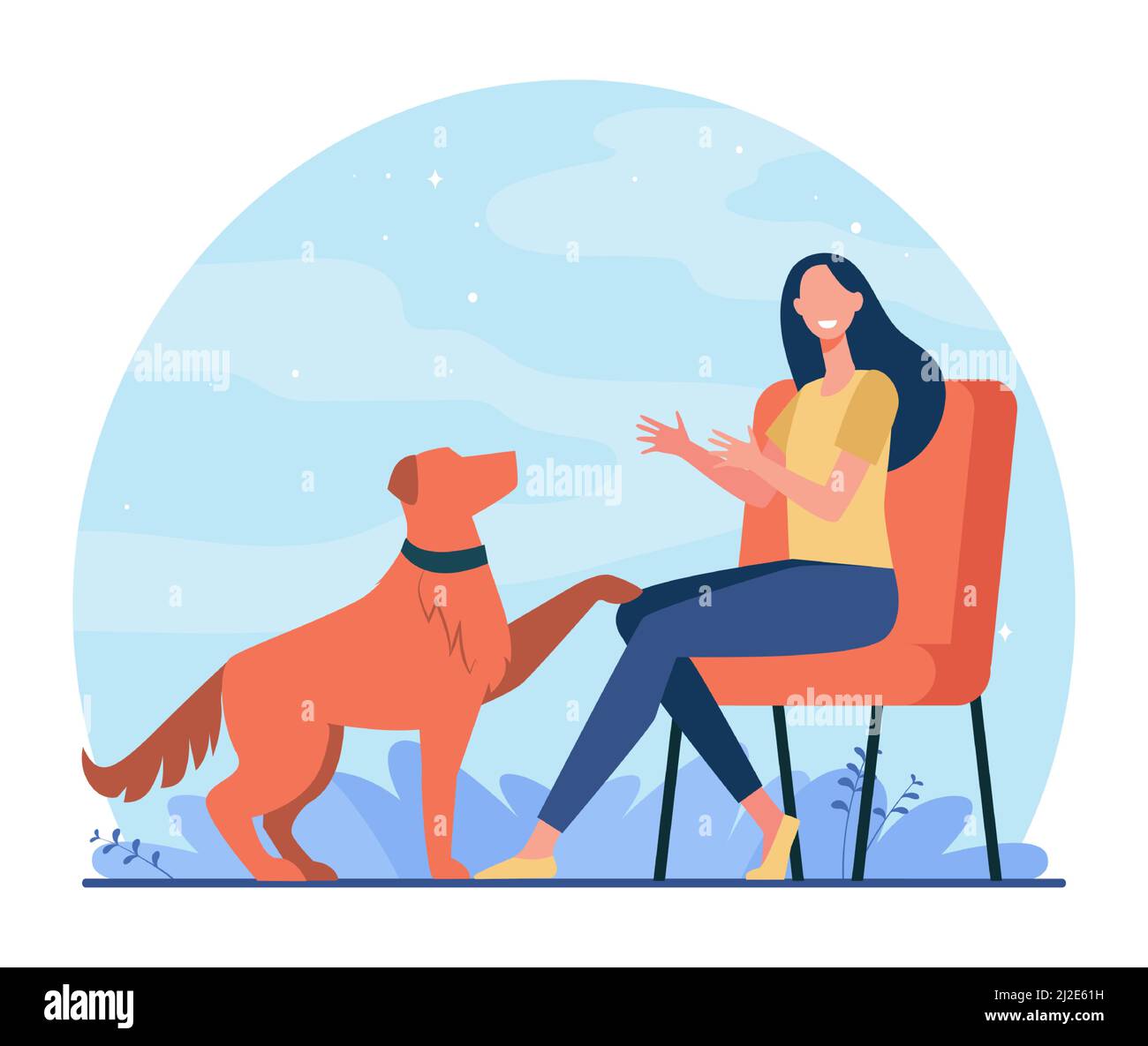 Happy woman training dog and sitting on chair. Canine, friend, retriever flat vector illustration. Domestic animals and pets concept for banner, websi Stock Vector