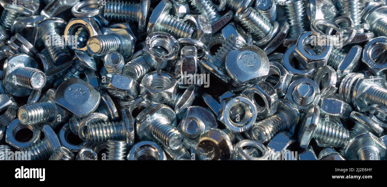 Panorama screws and nuts made of stainless steel Stock Photo