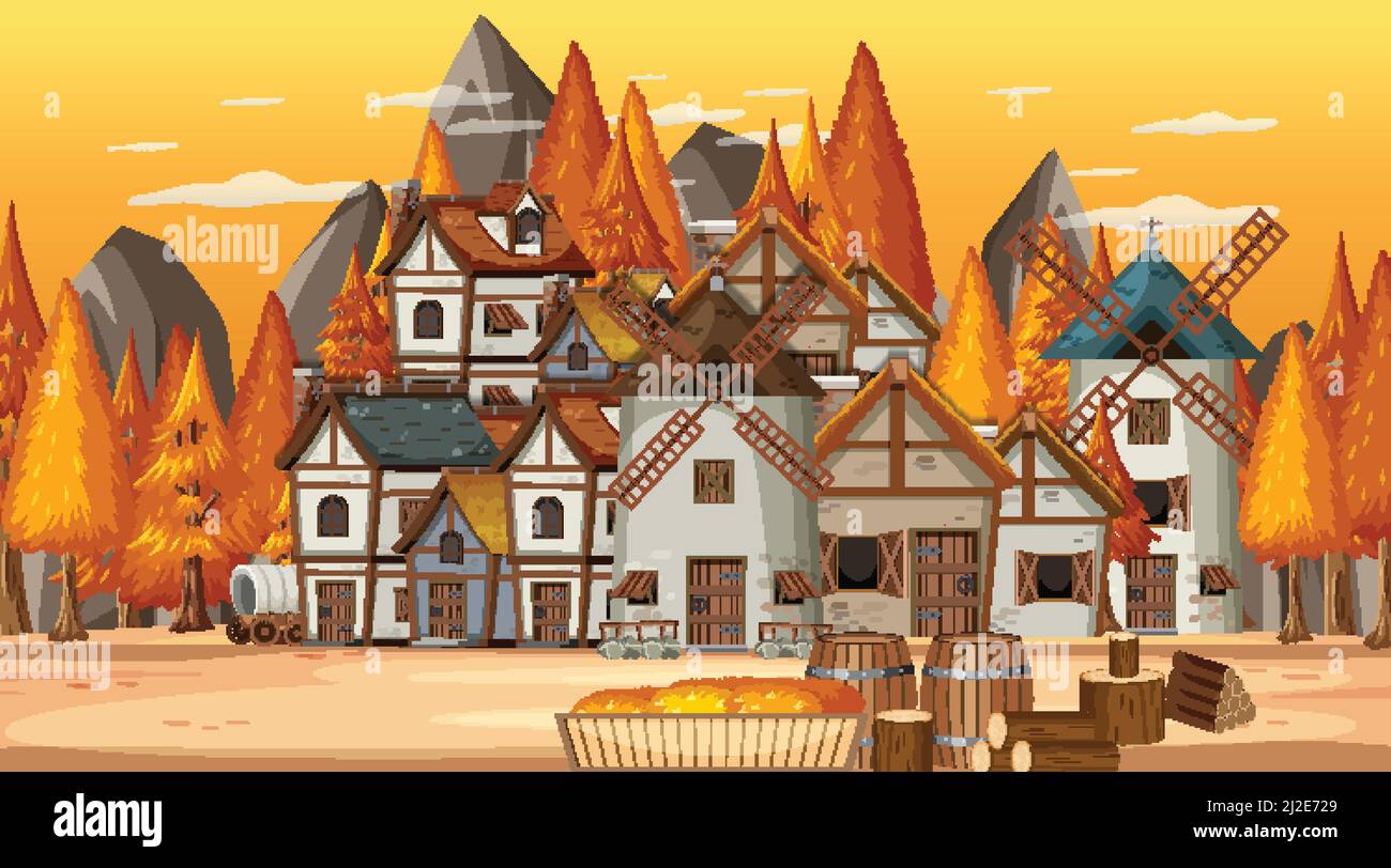 Medieval town scene with sunset illustration Stock Vector Image & Art ...