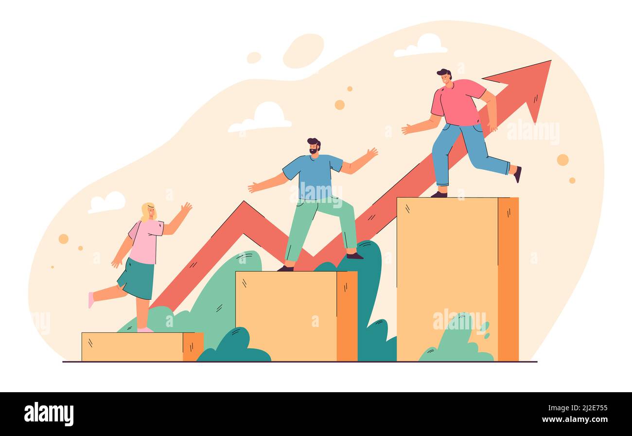 Leadership and teamwork concept. Team leader helping employees wot walk upstairs. Employees giving hands to each others and climbing on top of growing Stock Vector