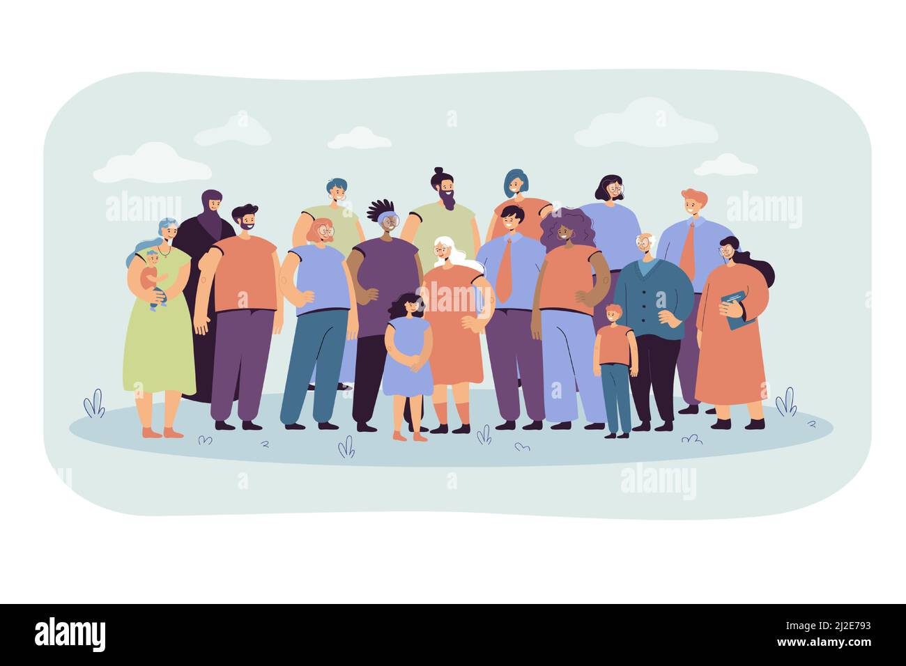 Multinational crowd of people standing together flat vector illustration. Portrait of cartoon diverse young and old men, women and kids. Multicultural Stock Vector