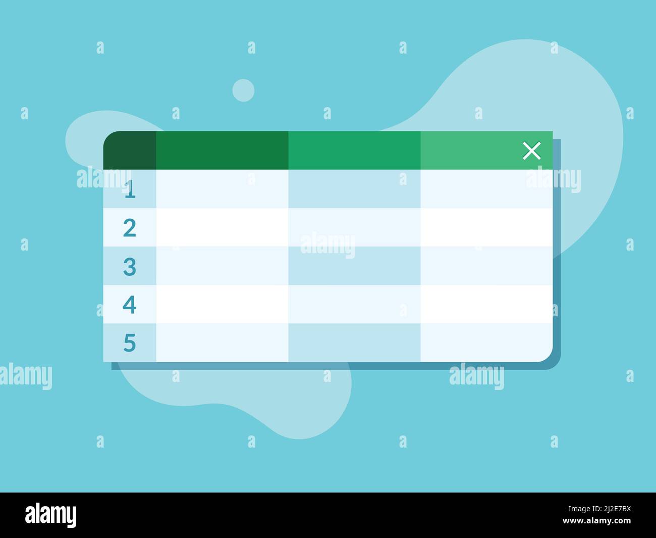 Spreadsheet tables app flat design vector. Worksheet application in green and blue colors, depicting title bar, column and rows with numbers. Stock Vector