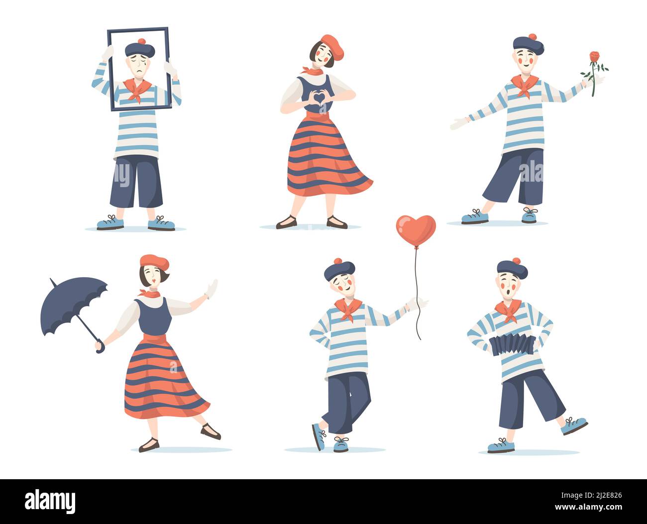 Mimes cartoon characters set. Silent actor and actress performing with frame, umbrella, flower, balloon, male and female circus clowns. Vector illustr Stock Vector