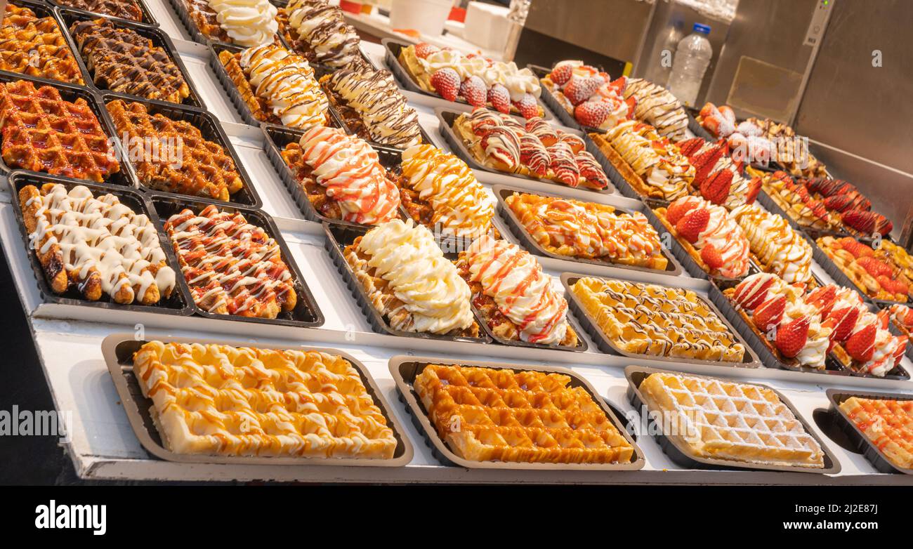 Traditional Belgian waffles on showcase. Brussels Stock Photo Alamy