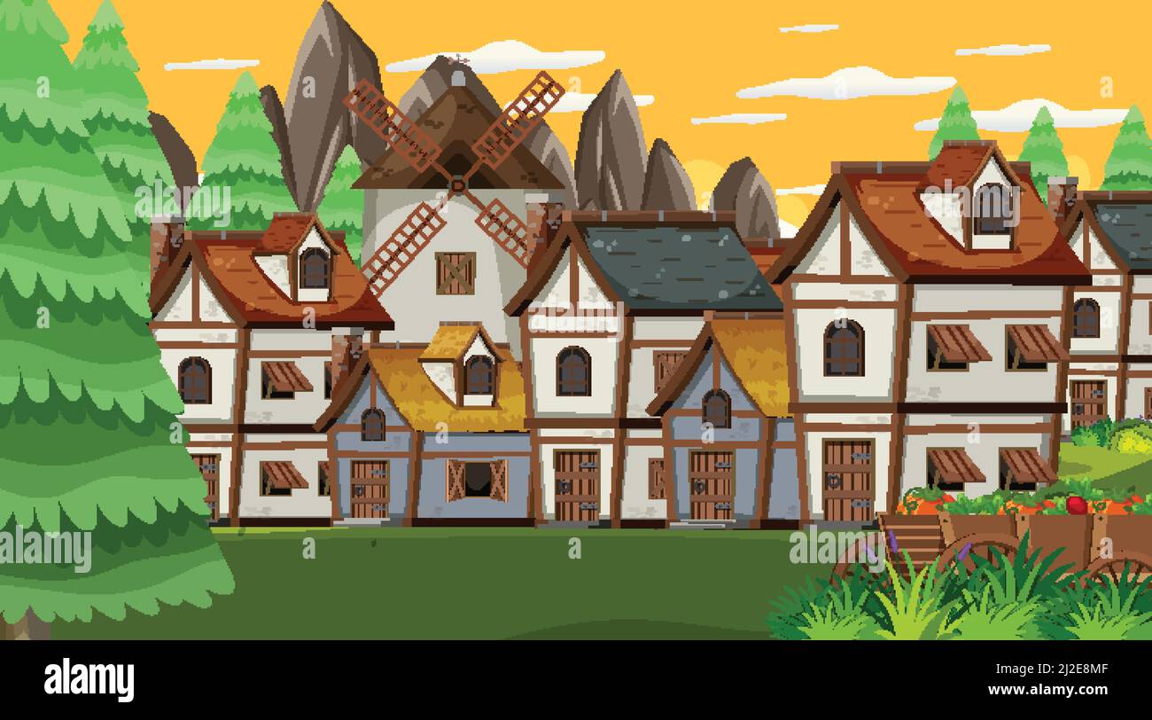 Medieval town scene with sunset illustration Stock Vector Image & Art ...