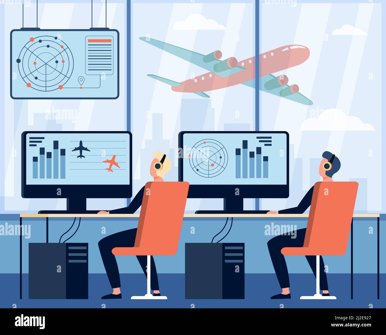 Operators controlling aircraft flat vector illustration. Cartoon characters sitting in airport command room. Flight control center and international t Stock Vector