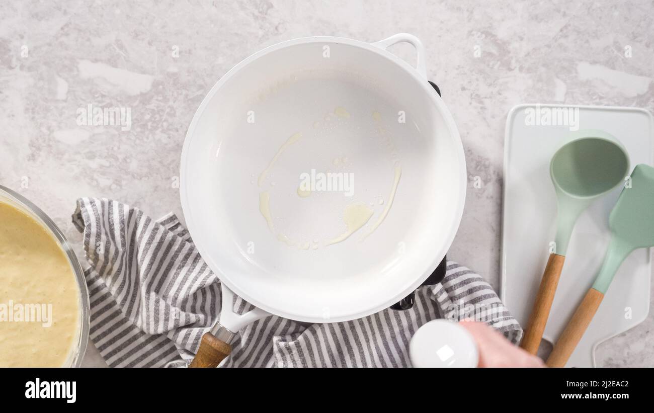 Flat lay. Step by step. Frying coconut banana pancakes on a nonstick