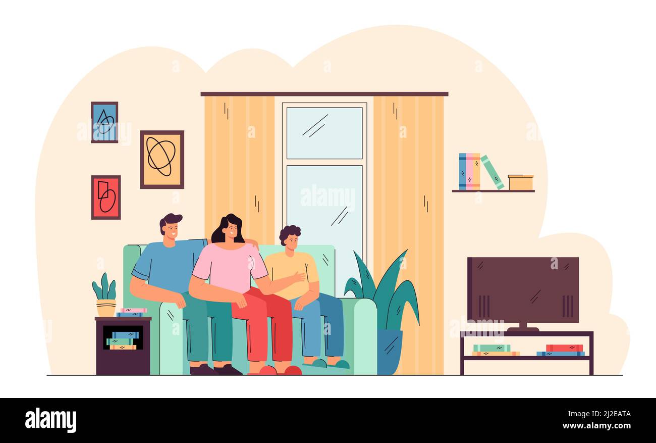 Smiling family sitting on couch and watching TV isolated flat vector illustration. Cartoon father, mother and son relaxing together in living room. Le Stock Vector