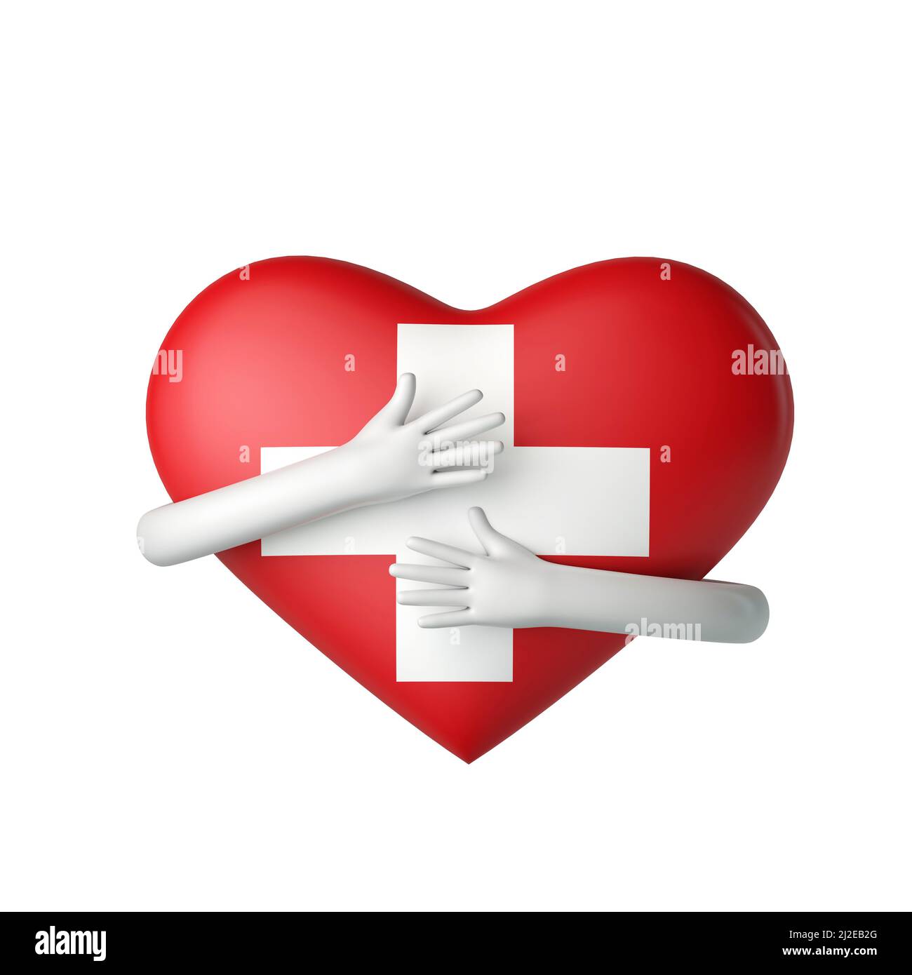 Switzerland flag heart being hugged by arms. 3D Rendering Stock Photo