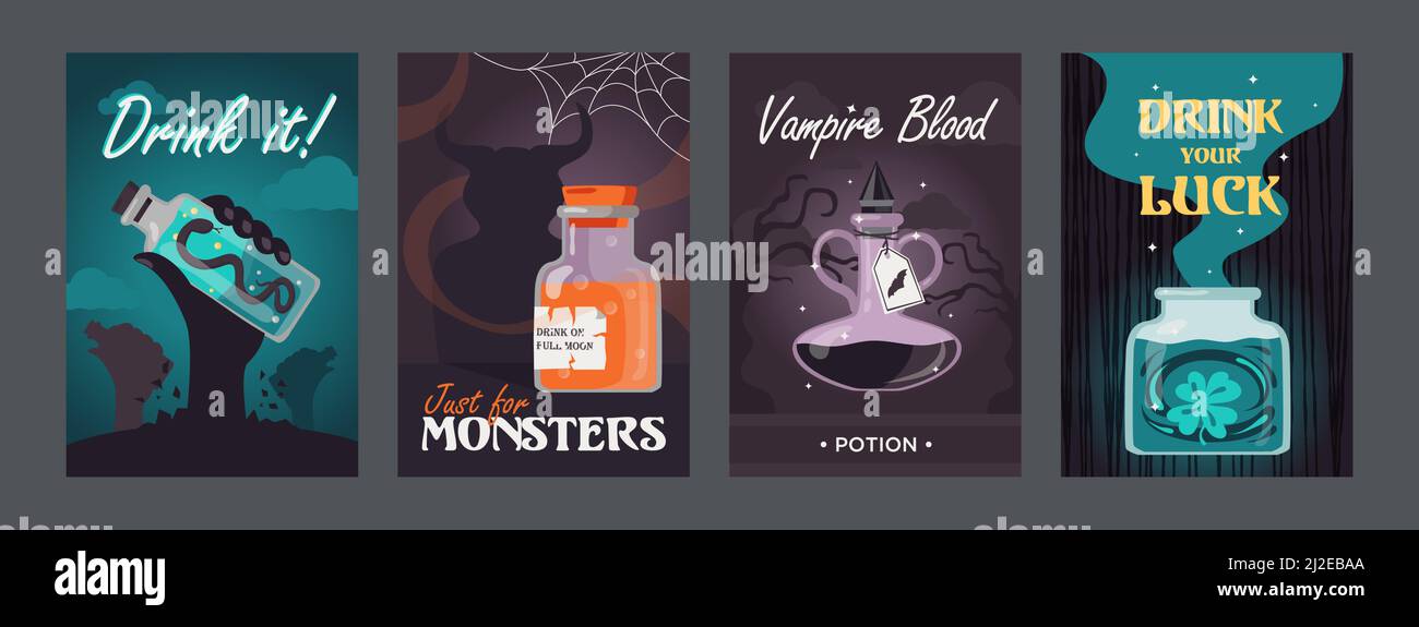 Potion posters set. Magic bottles with witchcraft drinks or vampire blood vector illustrations with text. Witchery and Halloween concept for flyers an Stock Vector