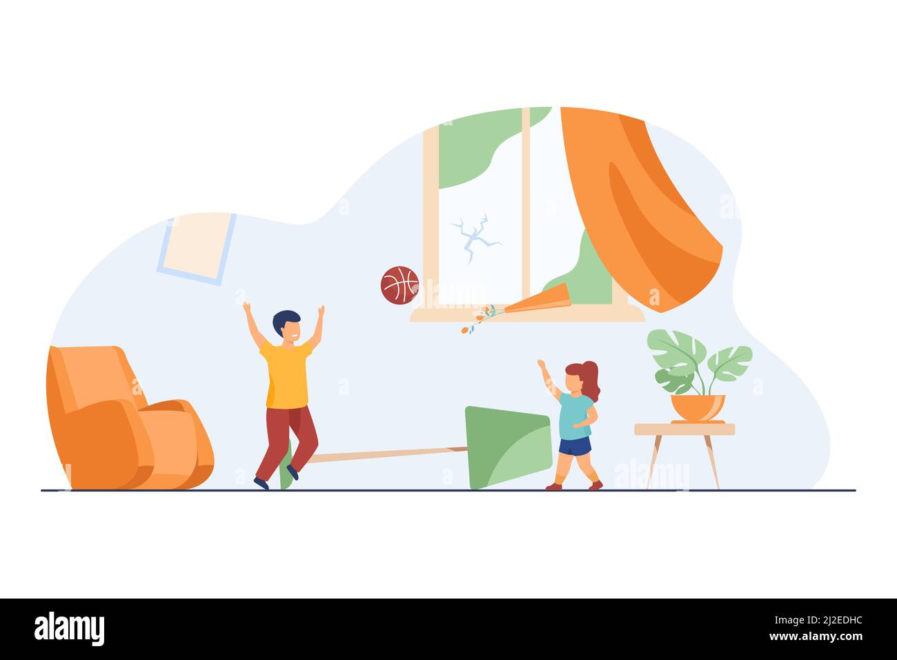 Unattended kids making chaos at home. Children playing ball indoors among mess flat vector illustration. Family, childhood, parenthood problem concept Stock Vector