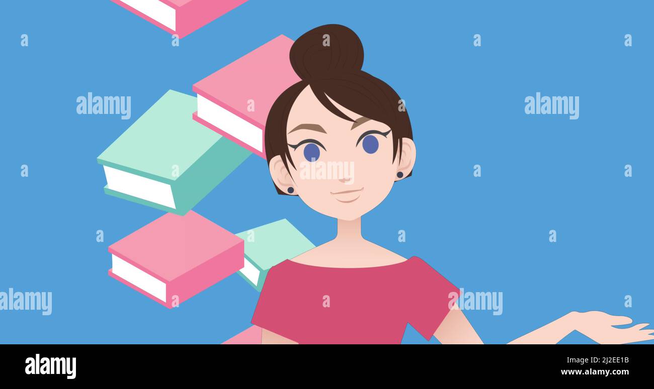 Image of woman talking over book icons Stock Photo